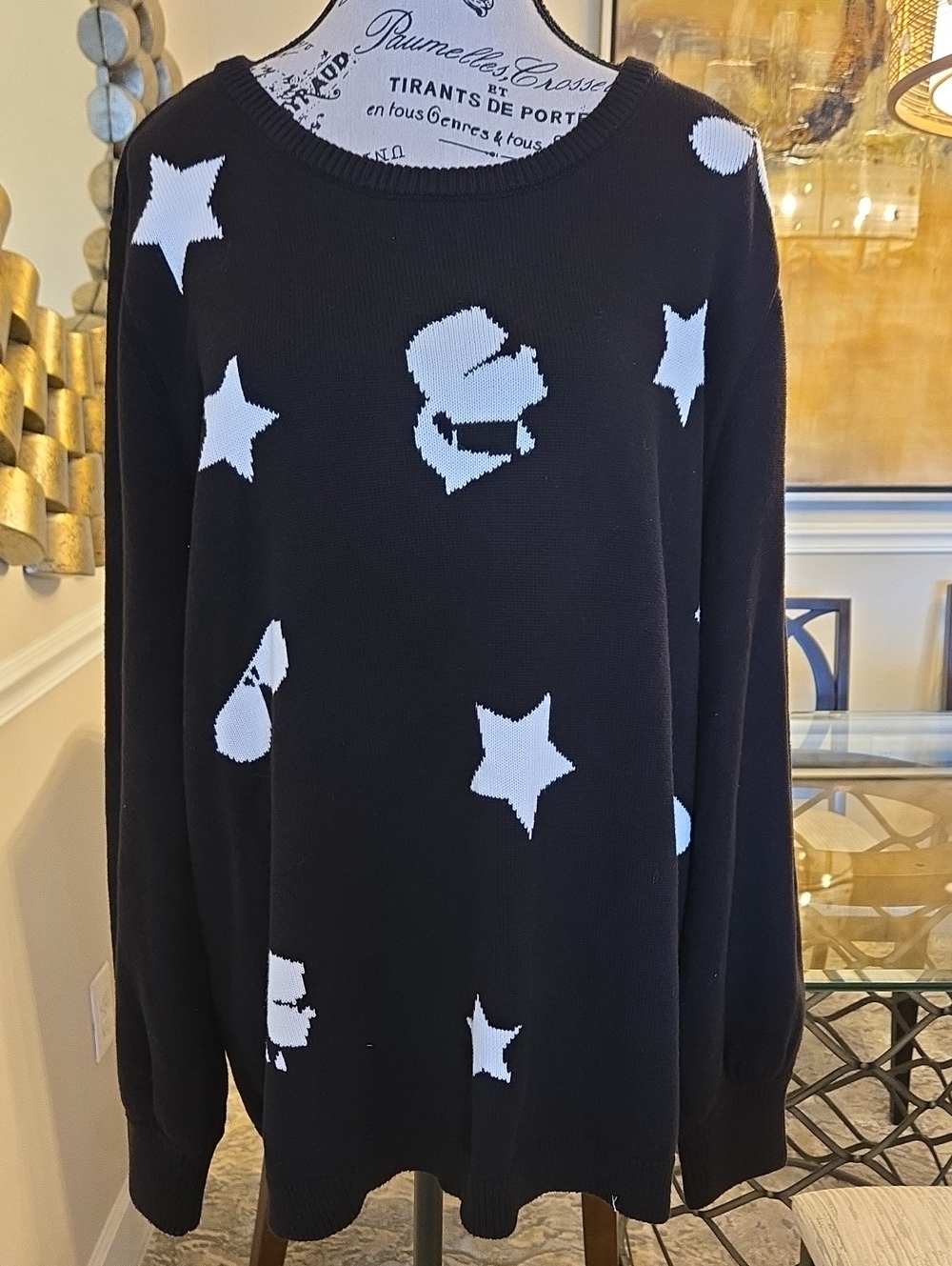 Karl Lagerfeld Black Crewneck Sweater with White Stars & Icon Motifs